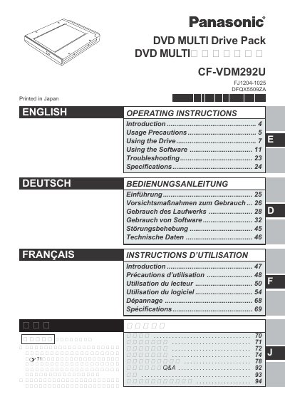 Panasonic CF-VDM292U DVD Multi Drive Operating Instructions - cover page
