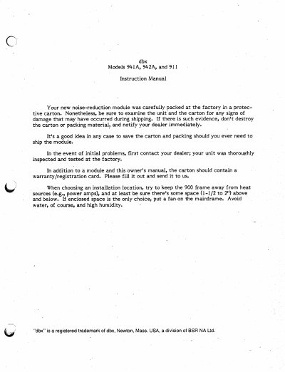 dbx Models 941A, 942A, and 911 Instruction Manual - cover page