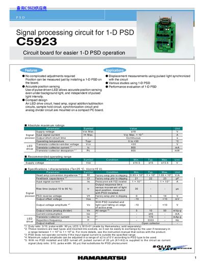 Hamamatsu C5923 Signal Processing Circuit for 1-D PSD Datasheet