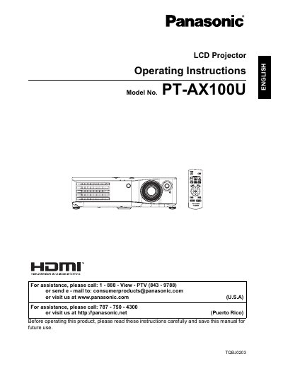 Panasonic PT-AX100U LCD Projector Operating Instructions - cover page