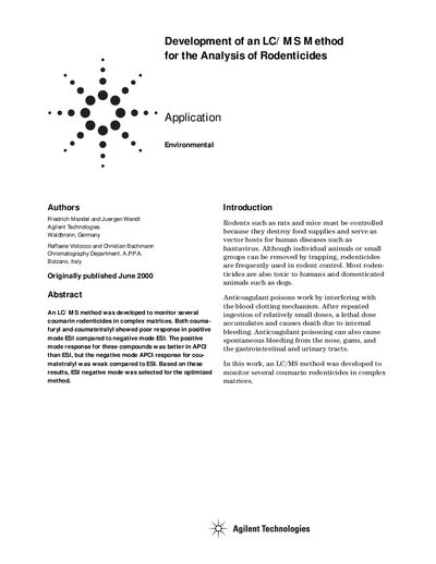 Agilent LC/MS Method for Analysis of Rodenticides Application Note - cover page