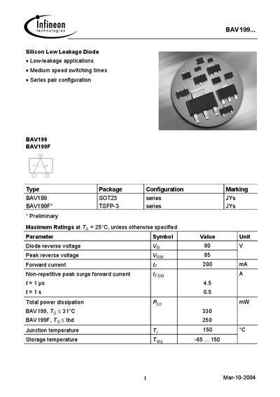 Infineon BAV199 Silicon Low Leakage Diode Datasheet - cover page