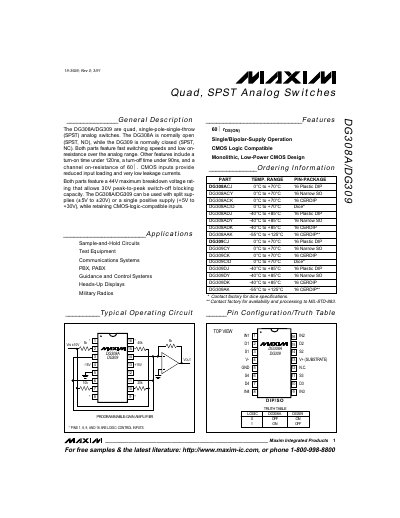 Maxim DG308A/DG309 Quad SPST Analog Switches Datasheet - cover page