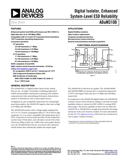 Analog Devices ADuM3100 Digital Isolator Data Sheet - cover page