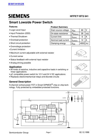 Siemens BTS 941 Smart Lowside Power Switch Datasheet - cover page