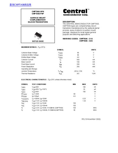 Central Semiconductor CMPTA06/CMPTA56 Complementary Silicon Transistors Datasheet - cover page
