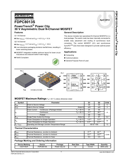Fairchild FDPC8013S PowerTrench Power Clip Datasheet - cover page