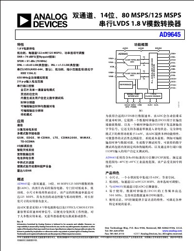 Analog Devices AD9645 Dual-Channel 14-Bit ADC Datasheet