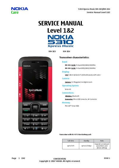 Nokia 5310 Service Manual Level 1&2 - cover page