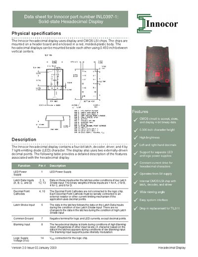 Innocor INLO397-1 Hexadecimal Display Datasheet - cover page
