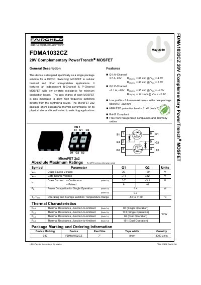 Fairchild FDMA1032CZ Complementary PowerTrench MOSFET Datasheet - cover page
