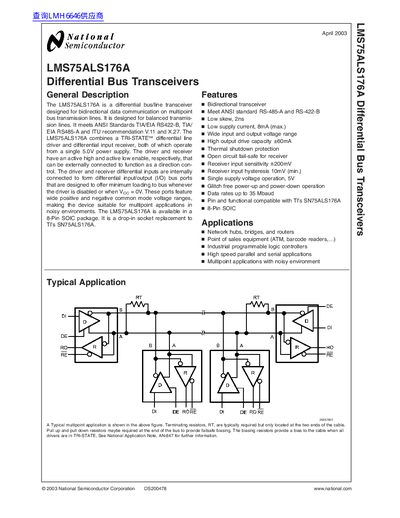 National Semiconductor LMS75ALS176A Differential Bus Transceivers Datasheet - cover page