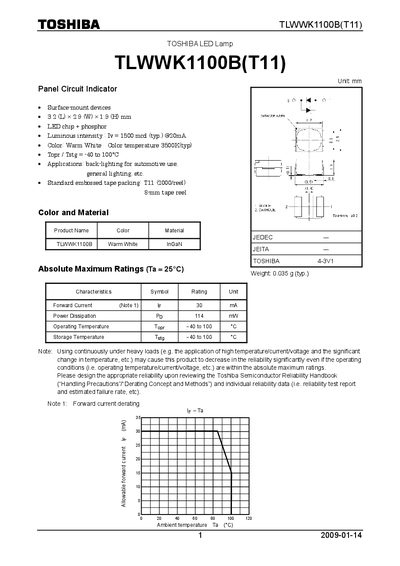 Toshiba TLWWK1100B (T11) LED Lamp Datasheet - cover page