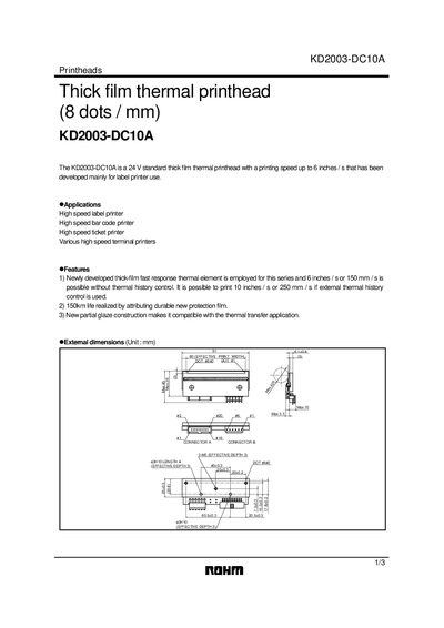 ROHM KD2003-DC10A Printhead Datasheet - cover page