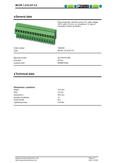 Phoenix Contact MCVR 1,5/12-ST-3,5 General Data Handbook - cover page