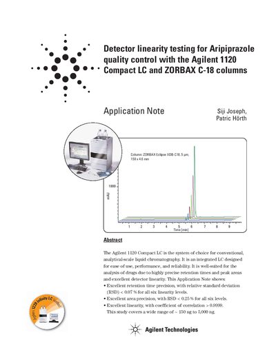 Agilent Detector linearity testing for Aripiprazole quality control with the Agilent 1120 Compact LC ZORBAX C-18 columns Application Note - cover page