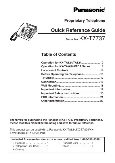 Panasonic KX-T7737 Proprietary Telephone Quick Reference Guide - cover page