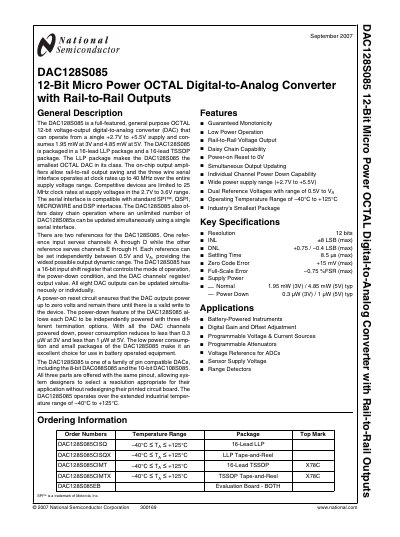 National Semiconductor DAC128S085 12‑Bit Octal DAC Datasheet - cover page