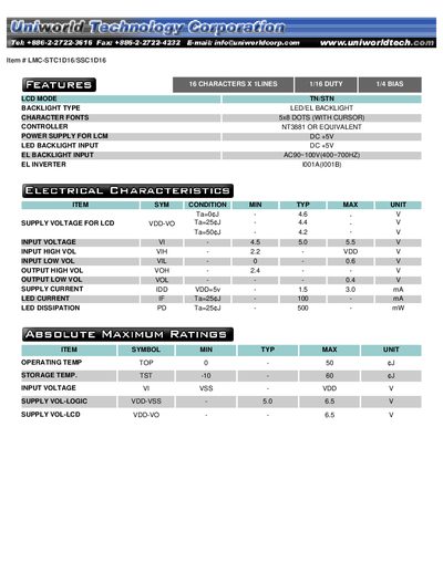 Uniworld LMC-STC1D16/SSC1D16 LCD Module Datasheet - cover page