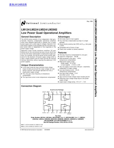 National Semiconductor LM124/LM224/LM324/LM2902 Low Power Quad Operational Amplifiers Datasheet