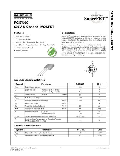 Fairchild Semiconductor FCI7N60 600V N-Channel MOSFET Datasheet - cover page