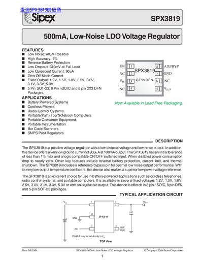 Sipex SPX3819 Low-Noise LDO Voltage Regulator Datasheet - cover page