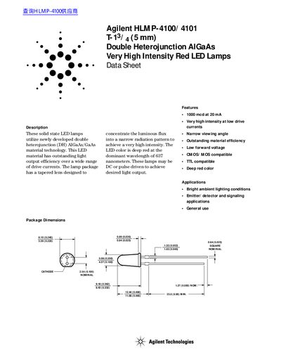 Agilent HLMP-4100/4101 T-1 3 /4 (5 mm) Red LED Lamps Datasheet - cover page