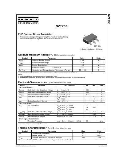 Fairchild NZT753 PNP Current Driver Transistor Datasheet - cover page