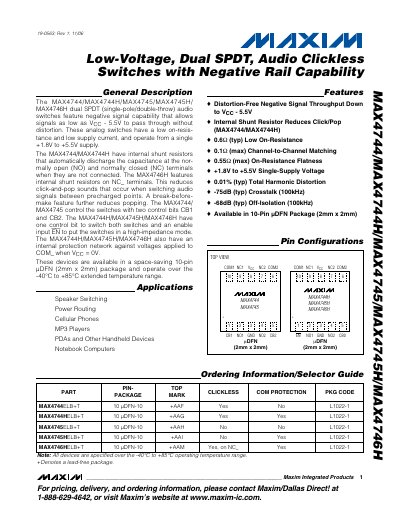 Maxim MAX4744/MAX4744H/MAX4745/MAX4745H/MAX4746H Dual SPDT Audio Switches Datasheet - cover page