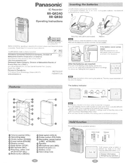 Panasonic RR-QR240/RR-QR80 IC Recorder Operating Instructions - cover page