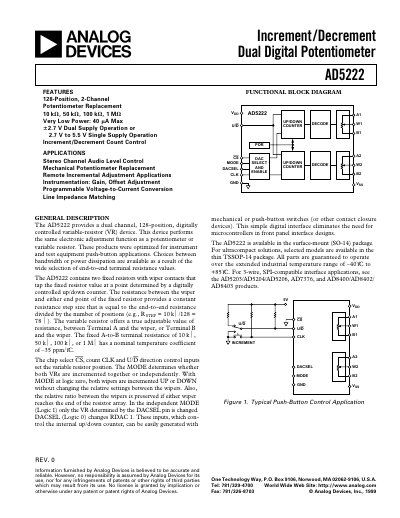 Analog Devices AD5222 Digital Potentiometer Datasheet - cover page