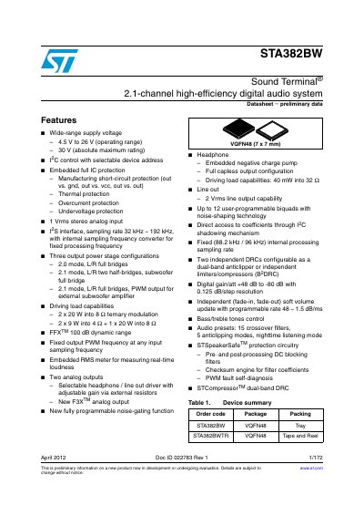 STMicroelectronics STA382BW Sound Terminal Datasheet