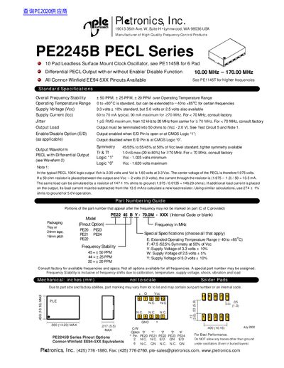 Pletronics PE2245B PECL Series Clock Oscillator Datasheet - cover page