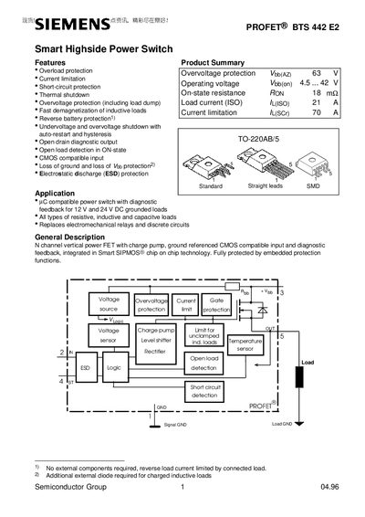 Siemens PROFET BTS 442 E2 Datasheet - cover page