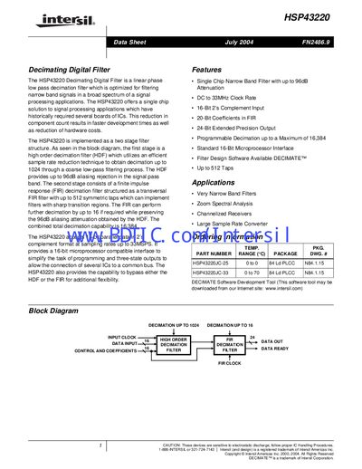 Intersil HSP43220 Decimating Digital Filter Datasheet - cover page