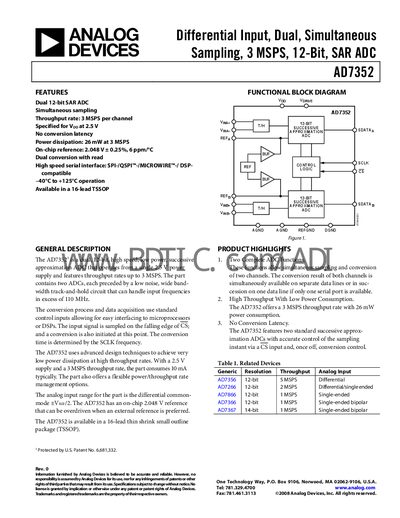 Analog Devices AD7352 Dual 12‑Bit SAR ADC Datasheet - cover page