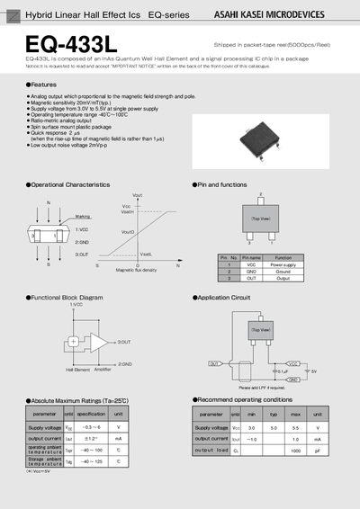 Asahi Kasei Microdevices EQ-433L Hall Effect IC Datasheet - cover page