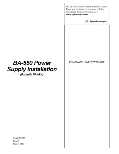 Varian BA-550 Power Supply Installation Sheet - cover page