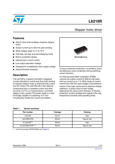 STMicroelectronics L6219R Stepper Motor Driver Datasheet