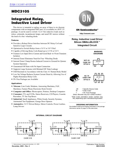 ON Semiconductor MDC3105 Integrated Relay Inductive Load Driver Datasheet - cover page