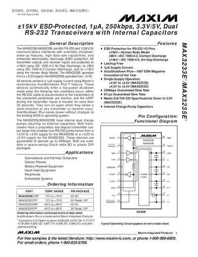 Maxim MAX3233E/MAX3235E Dual RS-232 Transceiver Datasheet - cover page