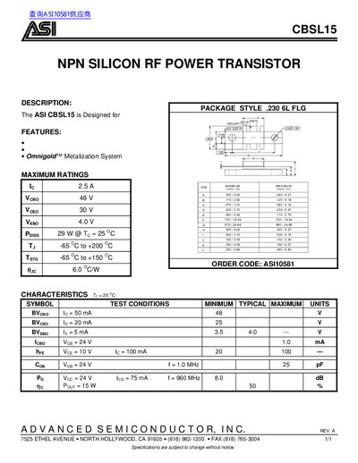 ASI CBSL15 NPN Silicon RF Power Transistor Datasheet - cover page