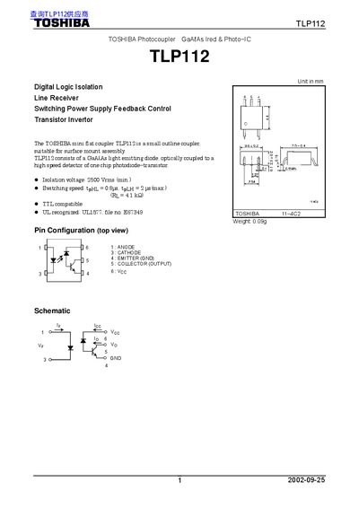 Toshiba TLP112 Photocoupler Datasheet - cover page