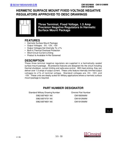 Omnirel OM1905NMM/OM1912NMM/OM1915NMM Negative Regulator Datasheet - cover page