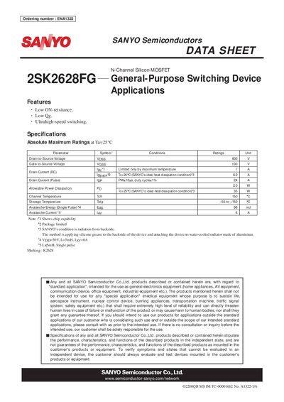 Sanyo 2SK2628FG N-Channel MOSFET Datasheet - cover page