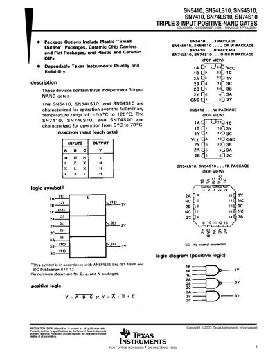 Texas Instruments SN5410 SN54LS10 SN54S10 Triple 3‑Input NAND Gate Datasheet - cover page