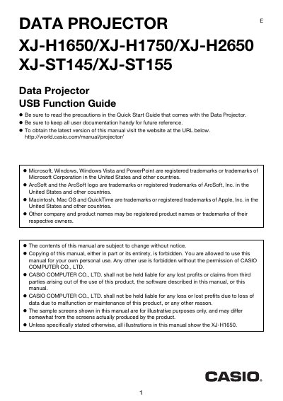 Casio XJ-H1650/XJ-H1750/XJ-H2650/XJ-ST145/XJ-ST155 Data Projector Wireless Function Guide - cover page