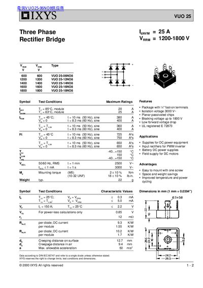 IXYS VUO 25 Three Phase Rectifier Bridge Datasheet - cover page
