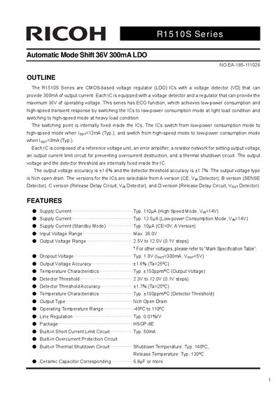 Ricoh R1510S Series LDO Datasheet - cover page