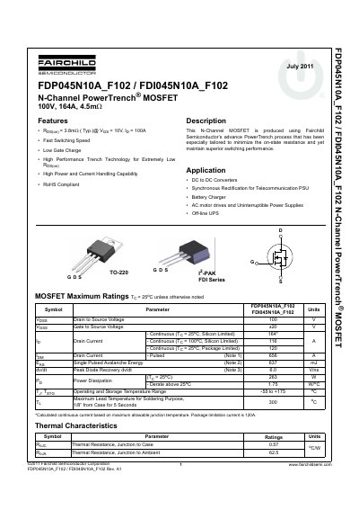Fairchild FDP045N10A/FDI045N10A N-Channel MOSFET Datasheet - cover page